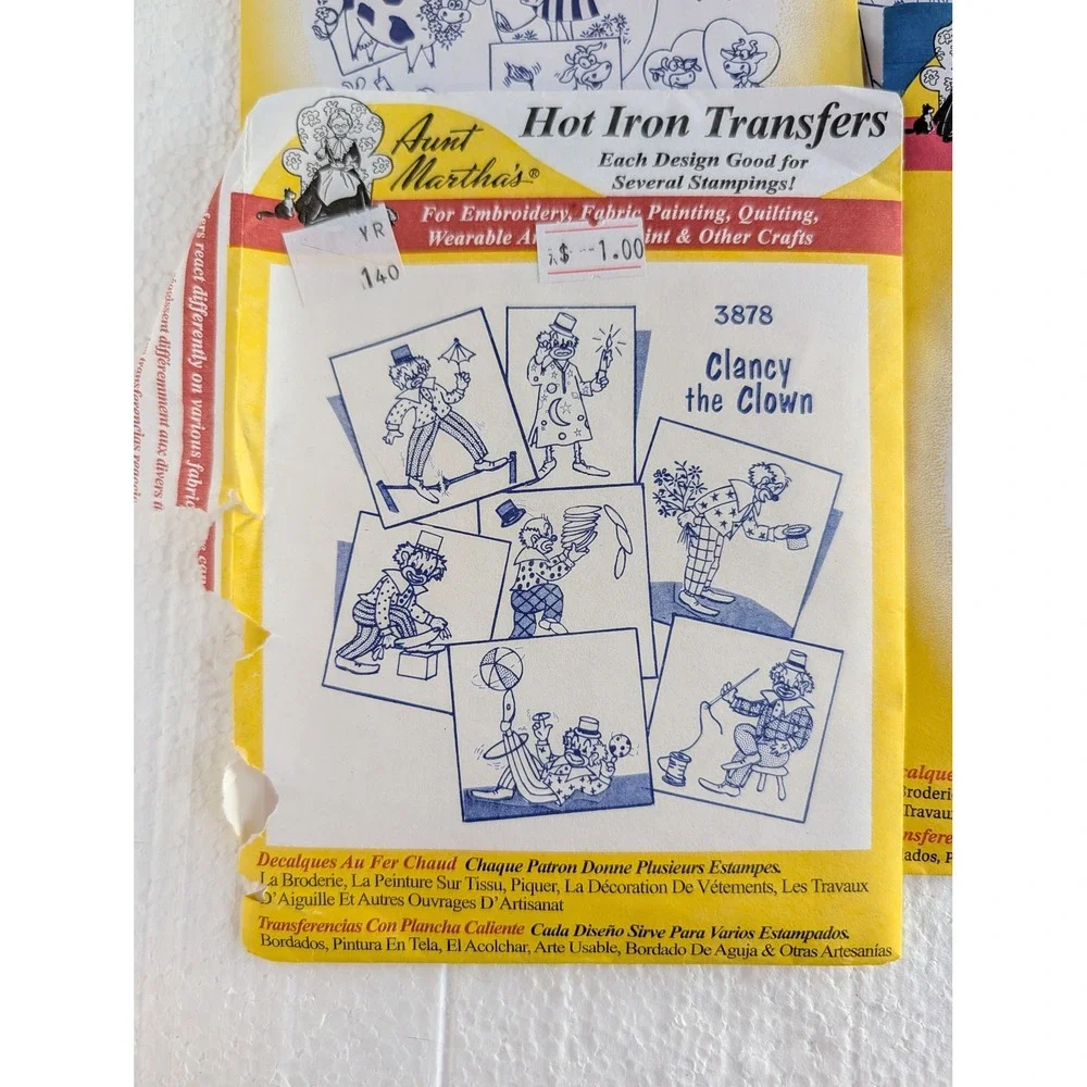 Aunt Martha's Hot Iron Transfers Lot 5 Patterns Animals Clowns‎ Rabbits Vintage
